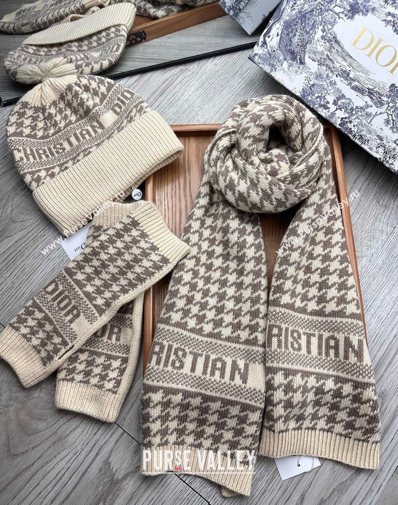 Dior Houndtooth Knit Gloves, Hat and Scarf Set Beige 2023 1123 (XMN-231206016)