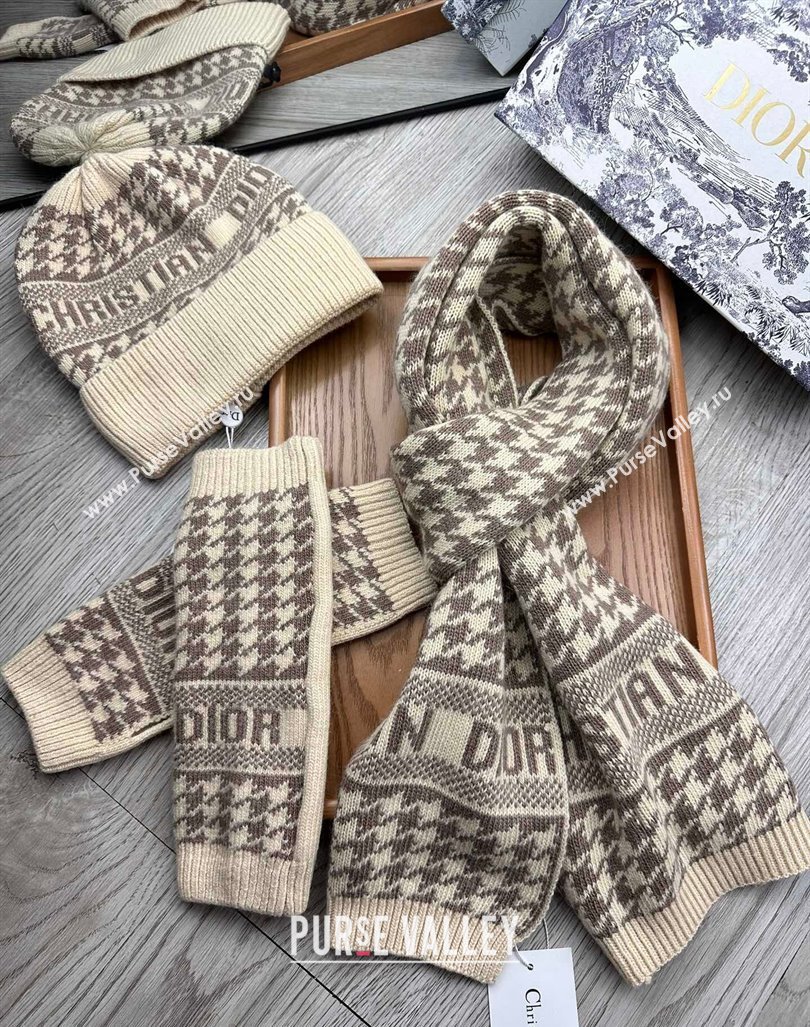 Dior Houndtooth Knit Gloves, Hat and Scarf Set Beige 2023 1123 (XMN-231206016)