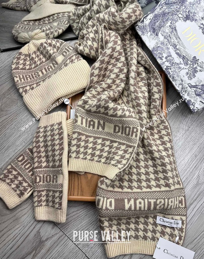 Dior Houndtooth Knit Gloves, Hat and Scarf Set Beige 2023 1123 (XMN-231206016)