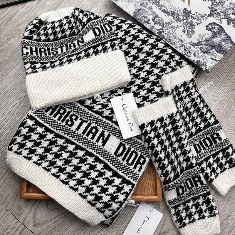 Dior Houndtooth Knit Gloves, Hat and Scarf Set Black 2023 1123 (XMN-231206017)