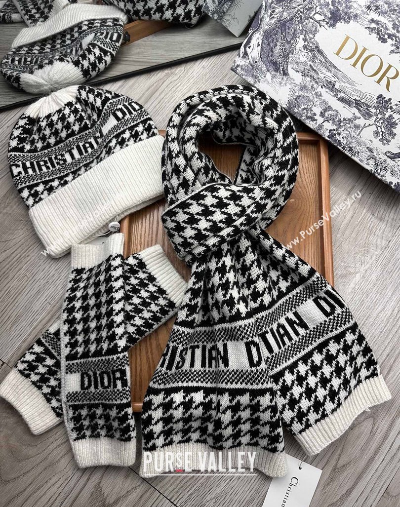 Dior Houndtooth Knit Gloves, Hat and Scarf Set Black 2023 1123 (XMN-231206017)