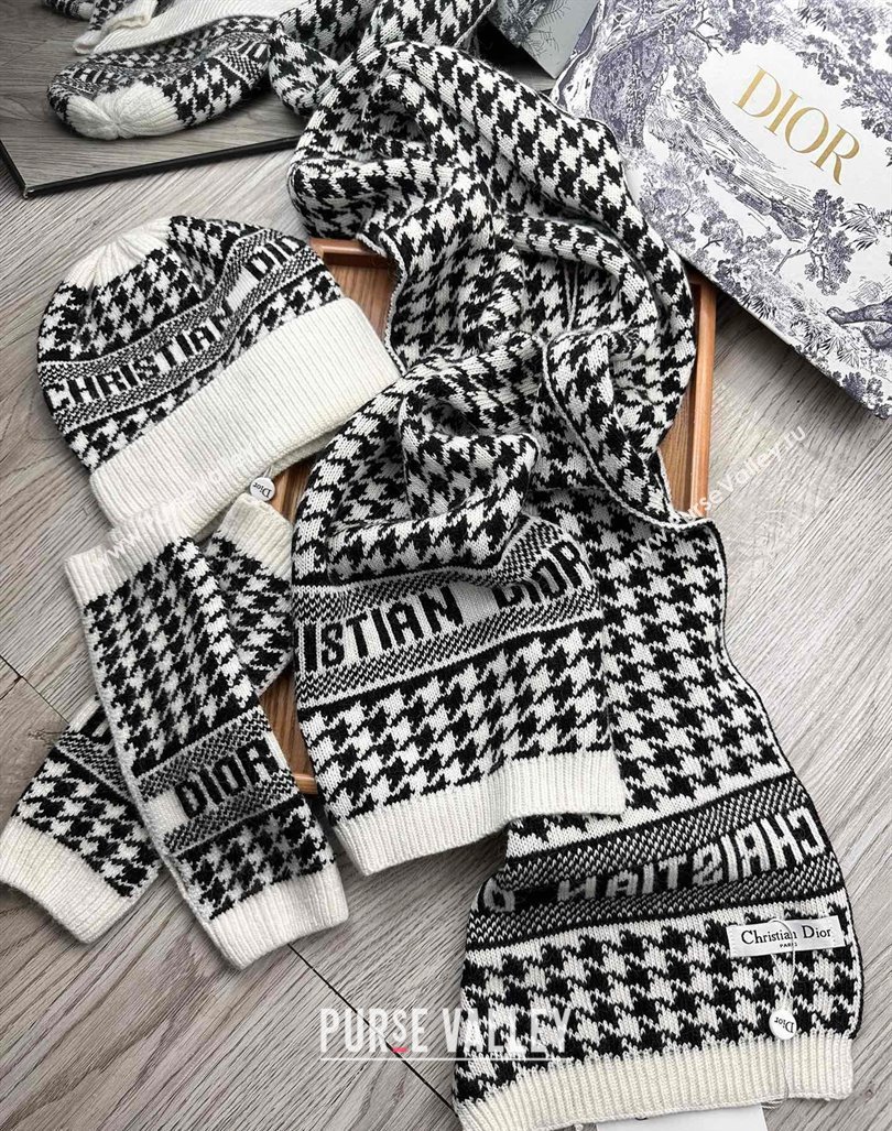 Dior Houndtooth Knit Gloves, Hat and Scarf Set Black 2023 1123 (XMN-231206017)