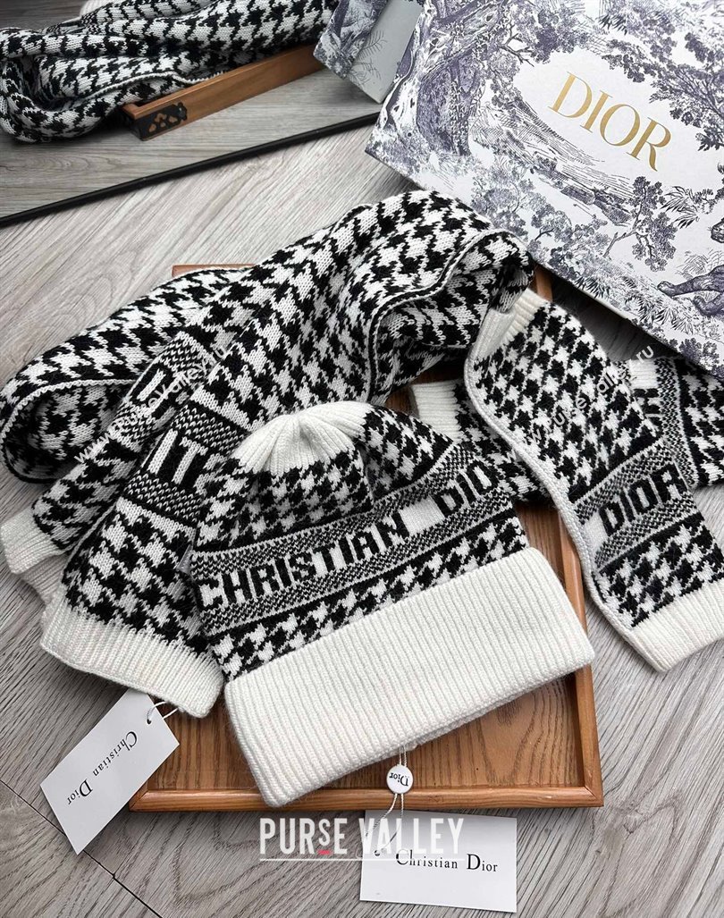 Dior Houndtooth Knit Gloves, Hat and Scarf Set Black 2023 1123 (XMN-231206017)