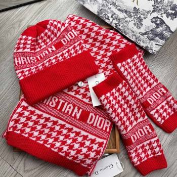 Dior Houndtooth Knit Gloves, Hat and Scarf Set Red 2023 1123 (XMN-231206018)