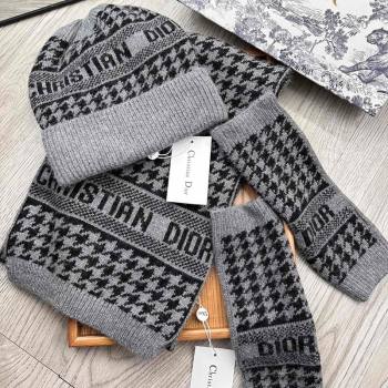 Dior Houndtooth Knit Gloves, Hat and Scarf Set Grey 2023 1123 (XMN-231206019)