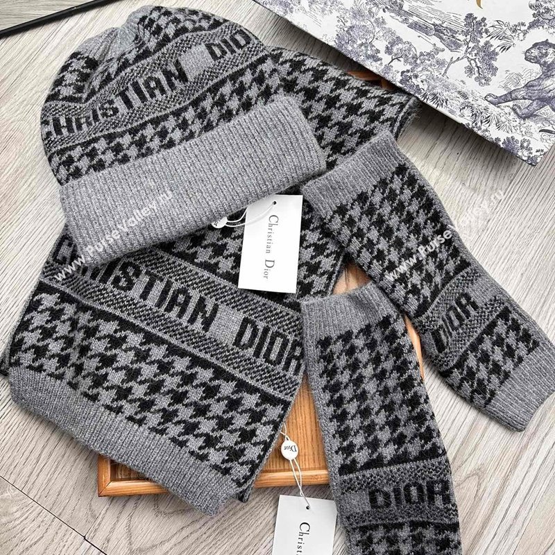 Dior Houndtooth Knit Gloves, Hat and Scarf Set Grey 2023 1123 (XMN-231206019)