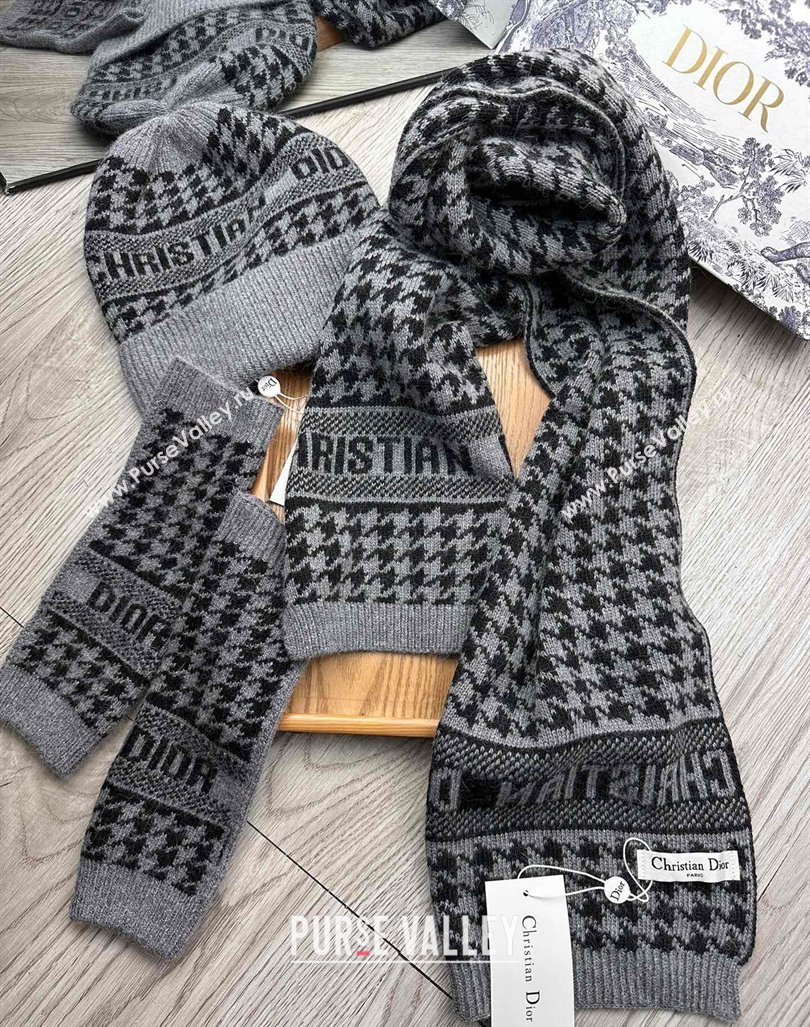 Dior Houndtooth Knit Gloves, Hat and Scarf Set Grey 2023 1123 (XMN-231206019)