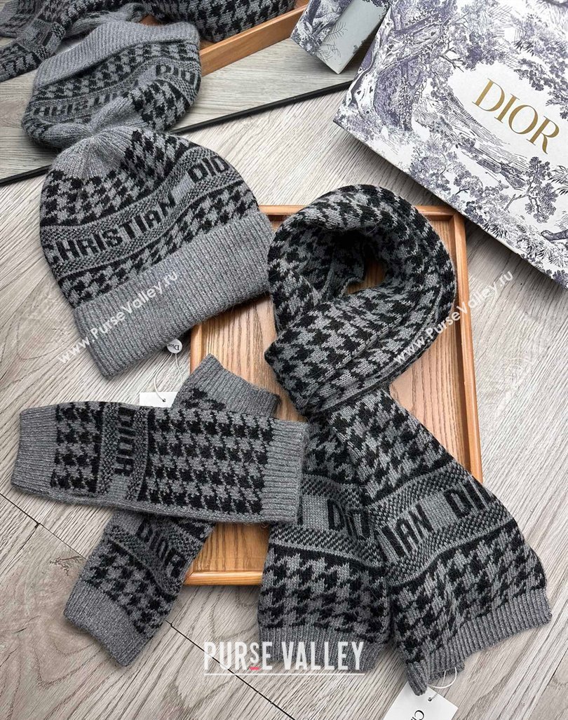 Dior Houndtooth Knit Gloves, Hat and Scarf Set Grey 2023 1123 (XMN-231206019)