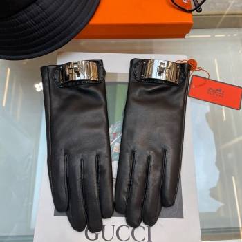 Hermes Lambskin and Cashmere Gloves with Metal Buckle Black/Silver 2023 1206 (A-231206059)