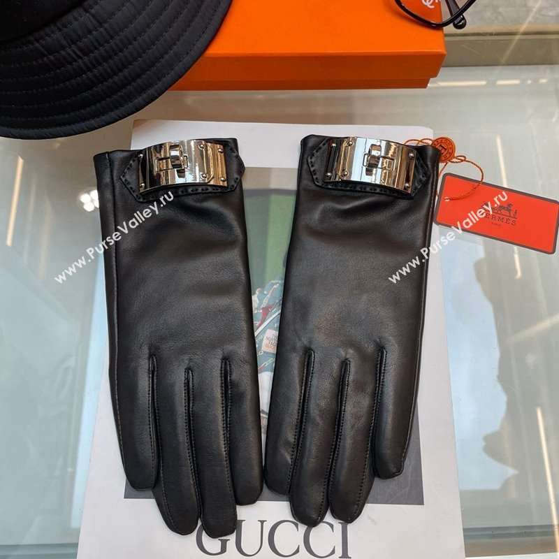 Hermes Lambskin and Cashmere Gloves with Metal Buckle Black/Silver 2023 1206 (A-231206059)