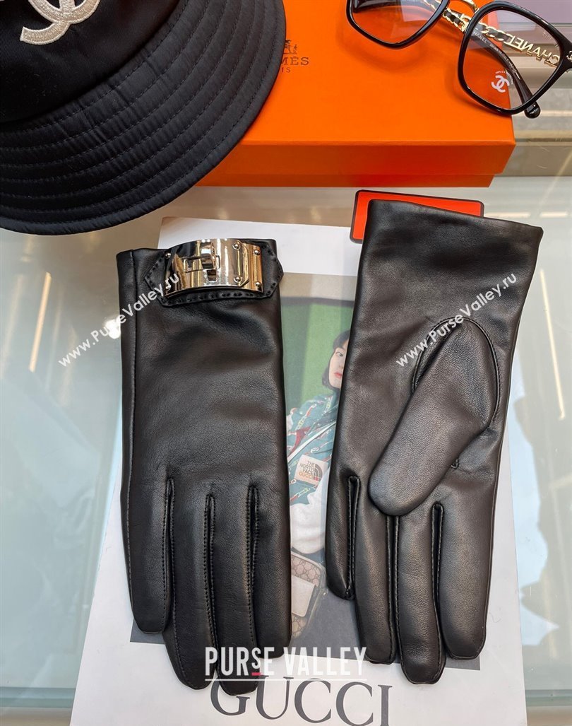 Hermes Lambskin and Cashmere Gloves with Metal Buckle Black/Silver 2023 1206 (A-231206059)