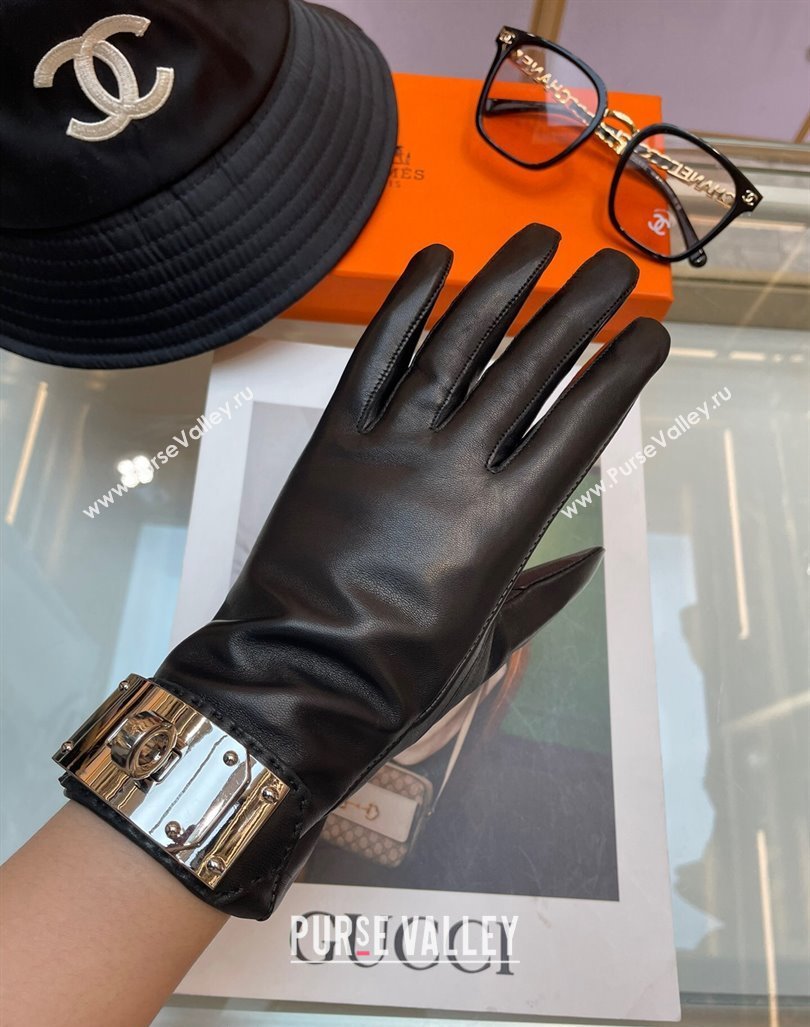 Hermes Lambskin and Cashmere Gloves with Metal Buckle Black/Silver 2023 1206 (A-231206059)