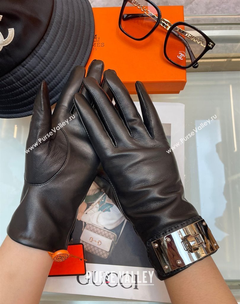 Hermes Lambskin and Cashmere Gloves with Metal Buckle Black/Silver 2023 1206 (A-231206059)