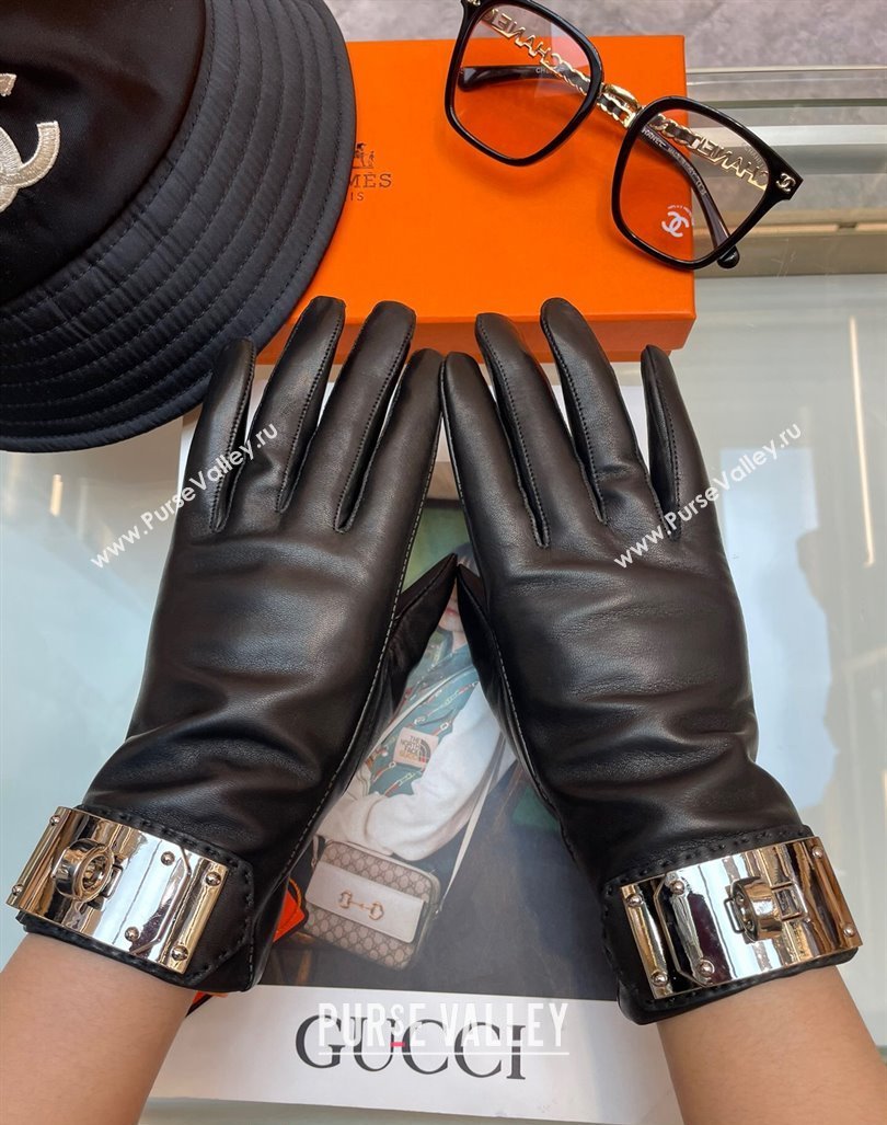 Hermes Lambskin and Cashmere Gloves with Metal Buckle Black/Silver 2023 1206 (A-231206059)