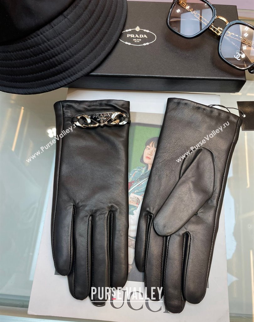 Prada Lambskin and Cashmere Gloves with Chain Black 2023 1206 (A-231206063)