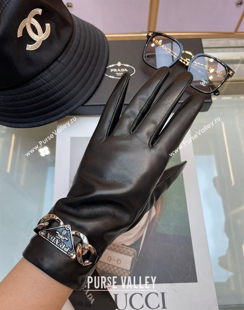 Prada Lambskin and Cashmere Gloves with Chain Black 2023 1206 (A-231206063)