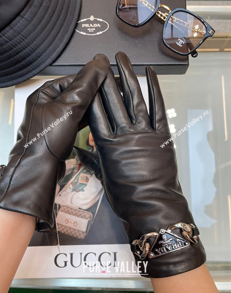 Prada Lambskin and Cashmere Gloves with Chain Black 2023 1206 (A-231206063)