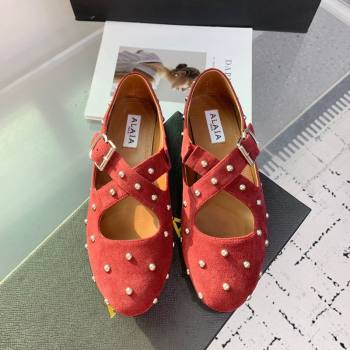 Maison Alaia Criss Cross Ballet Flats in Suede and Studs Red Brown 2025 AL021903 (KER-250219019)