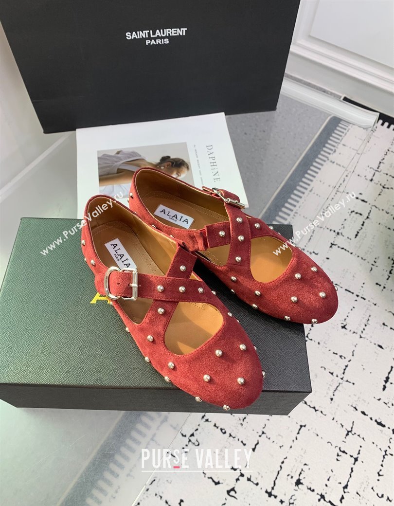 Maison Alaia Criss Cross Ballet Flats in Suede and Studs Red Brown 2025 AL021903 (KER-250219019)