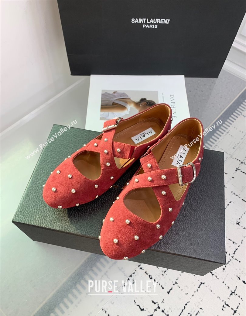 Maison Alaia Criss Cross Ballet Flats in Suede and Studs Red Brown 2025 AL021903 (KER-250219019)