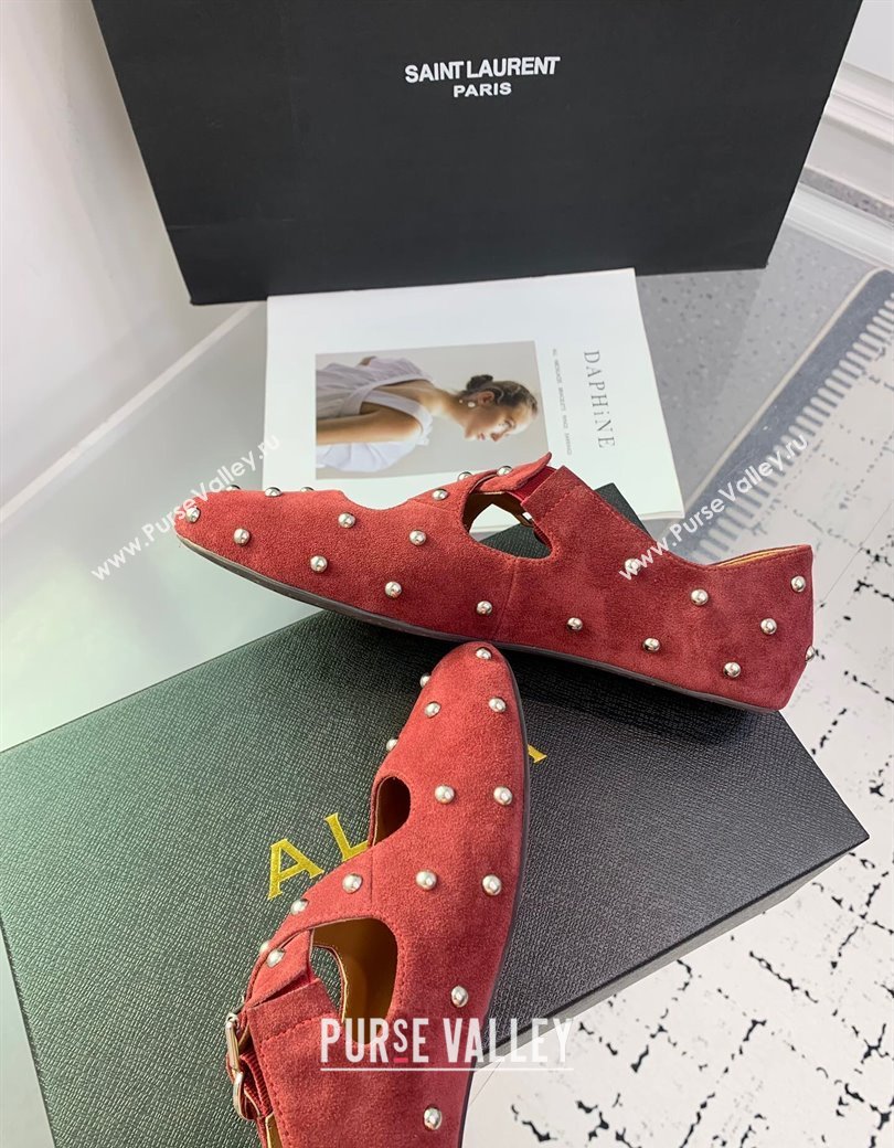 Maison Alaia Criss Cross Ballet Flats in Suede and Studs Red Brown 2025 AL021903 (KER-250219019)