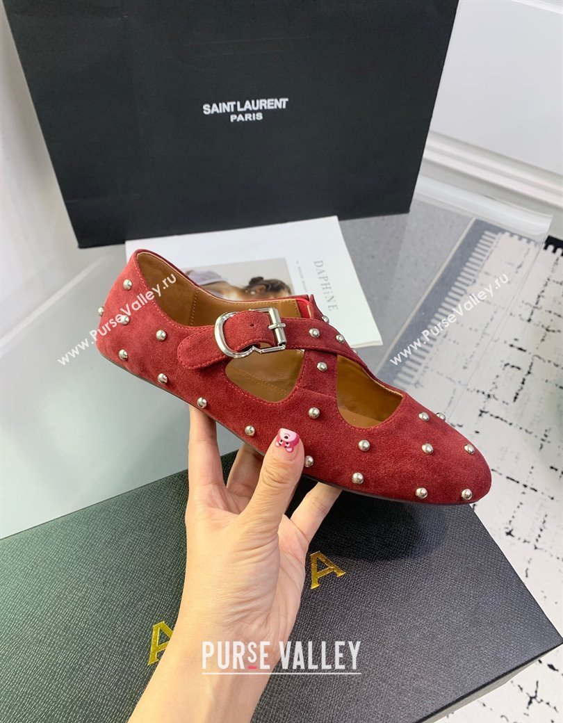 Maison Alaia Criss Cross Ballet Flats in Suede and Studs Red Brown 2025 AL021903 (KER-250219019)