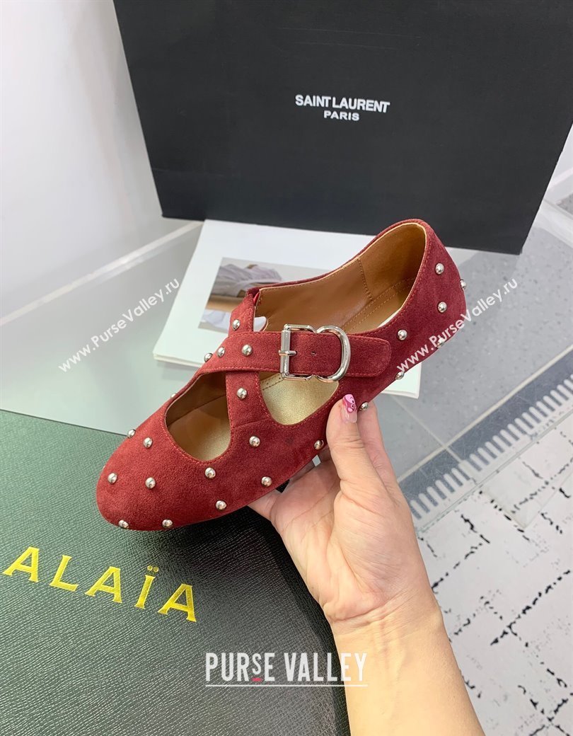 Maison Alaia Criss Cross Ballet Flats in Suede and Studs Red Brown 2025 AL021903 (KER-250219019)