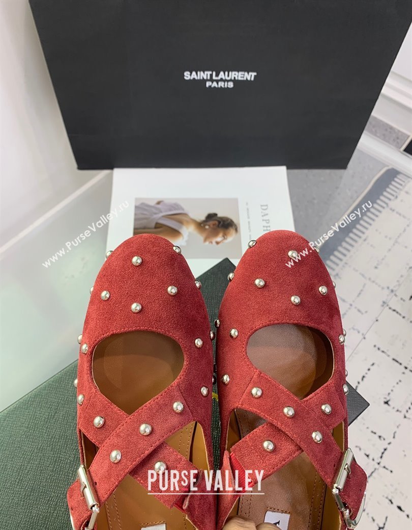 Maison Alaia Criss Cross Ballet Flats in Suede and Studs Red Brown 2025 AL021903 (KER-250219019)