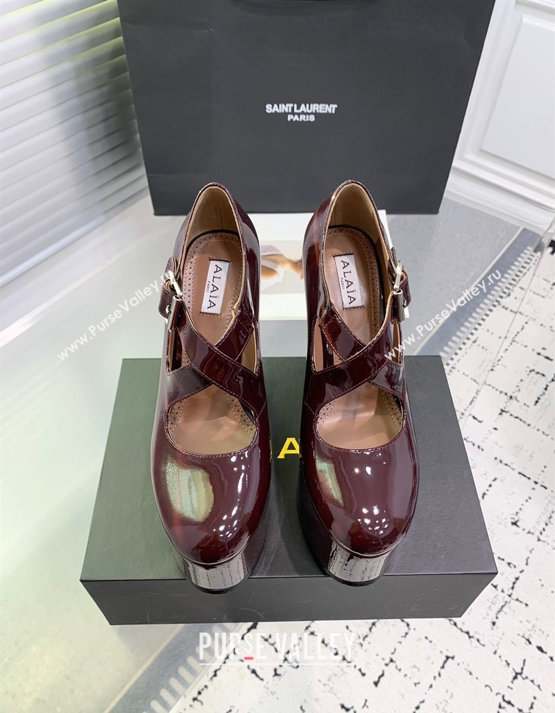 Maison Alaia Criss Cross Wedge Pumps 14.5cm in Patent Calfskin Dark Burgundy 2025 AL021902 (KER-250219006)
