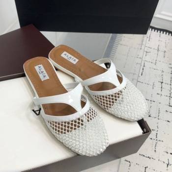 Alaia Intricated Flat Mules in Fishnet and Patent Leather White 2025 AL042801 (KER-250428068)