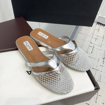 Alaia Intricated Flat Mules in Fishnet and Patent Leather Silver 2025 AL042801 (KER-250428070)