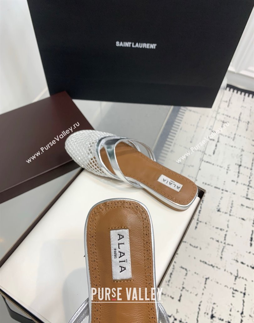 Alaia Intricated Flat Mules in Fishnet and Patent Leather Silver 2025 AL042801 (KER-250428070)