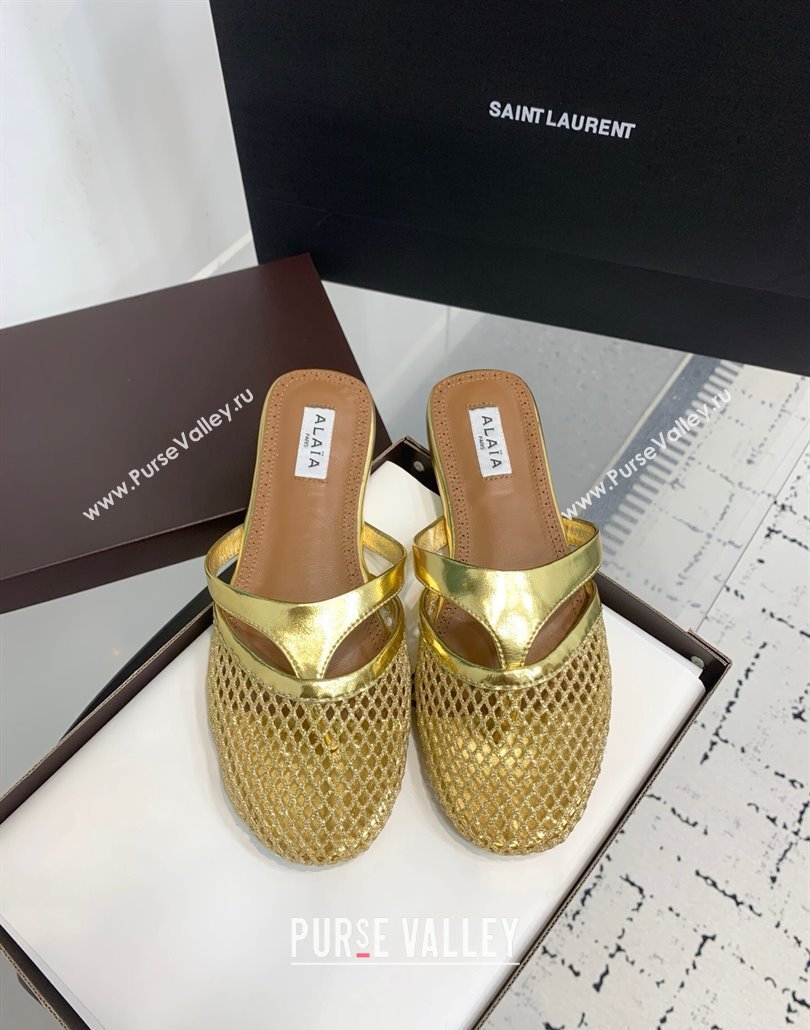 Alaia Intricated Flat Mules in Fishnet and Patent Leather Gold 2025 AL042801 (KER-250428071)