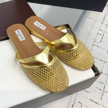 Alaia Intricated Flat Mules in Fishnet and Patent Leather Gold 2025 AL042801 (KER-250428071)