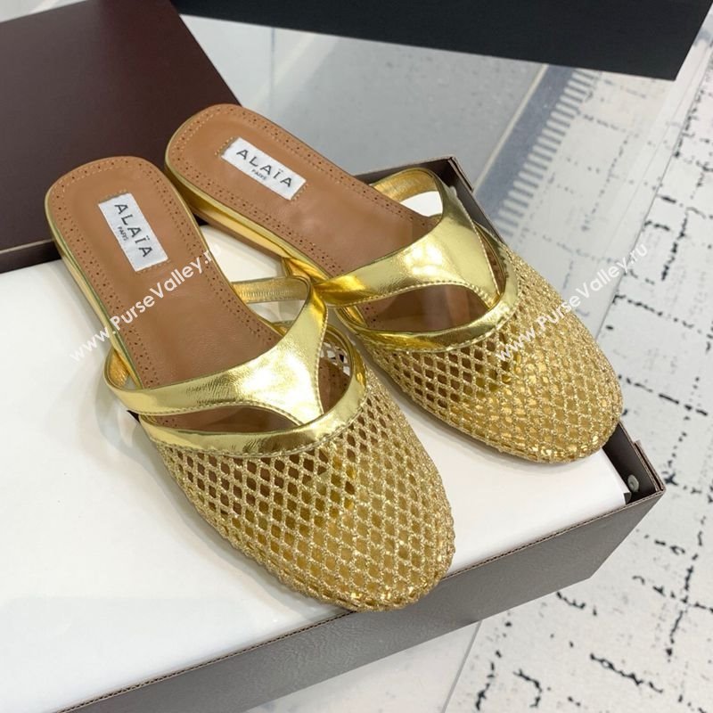 Alaia Intricated Flat Mules in Fishnet and Patent Leather Gold 2025 AL042801 (KER-250428071)
