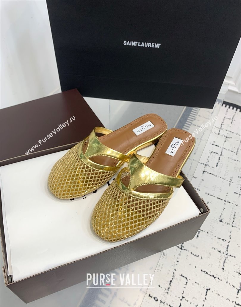 Alaia Intricated Flat Mules in Fishnet and Patent Leather Gold 2025 AL042801 (KER-250428071)