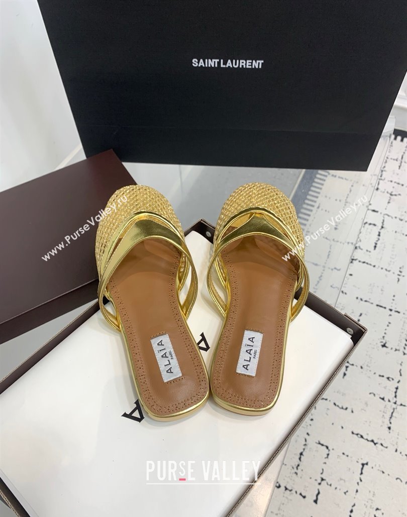 Alaia Intricated Flat Mules in Fishnet and Patent Leather Gold 2025 AL042801 (KER-250428071)