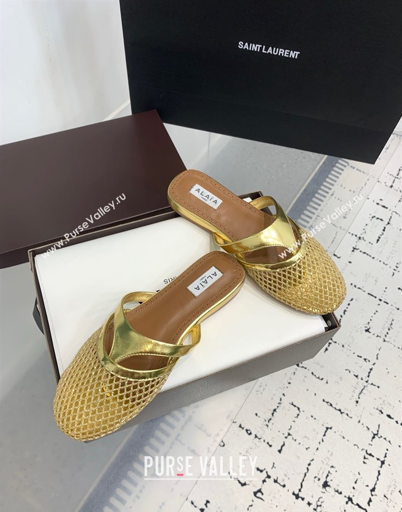 Alaia Intricated Flat Mules in Fishnet and Patent Leather Gold 2025 AL042801 (KER-250428071)