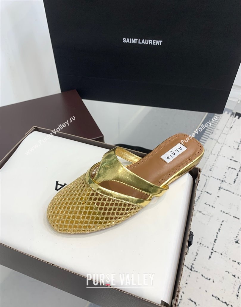 Alaia Intricated Flat Mules in Fishnet and Patent Leather Gold 2025 AL042801 (KER-250428071)