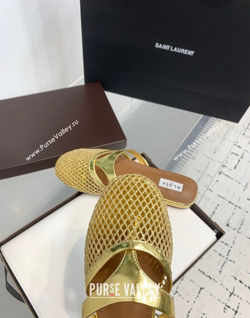 Alaia Intricated Flat Mules in Fishnet and Patent Leather Gold 2025 AL042801 (KER-250428071)