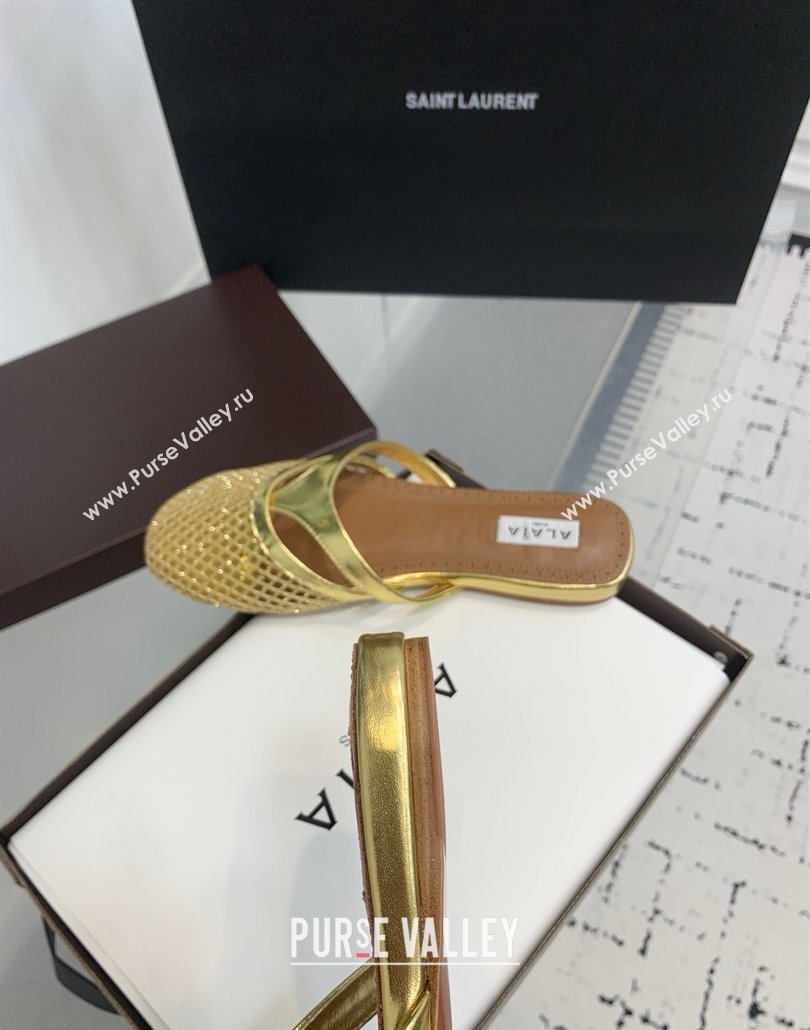 Alaia Intricated Flat Mules in Fishnet and Patent Leather Gold 2025 AL042801 (KER-250428071)