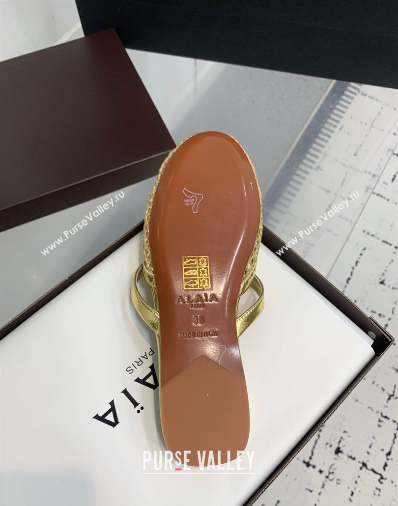 Alaia Intricated Flat Mules in Fishnet and Patent Leather Gold 2025 AL042801 (KER-250428071)