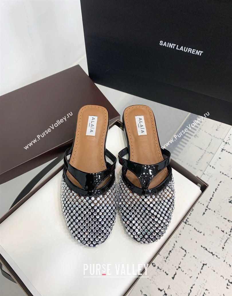 Alaia Intricated Flat Mules in Fishnet and Patent Leather with Strass Black 2025 AL042801 (KER-250428072)