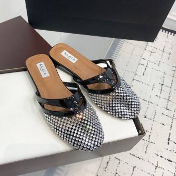 Alaia Intricated Flat Mules in Fishnet and Patent Leather with Strass Black 2025 AL042801 (KER-250428072)