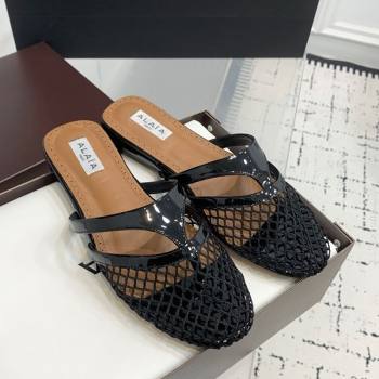 Alaia Intricated Flat Mules in Fishnet and Patent Calf Leather Black 2025 AL042801 (KER-250428067)