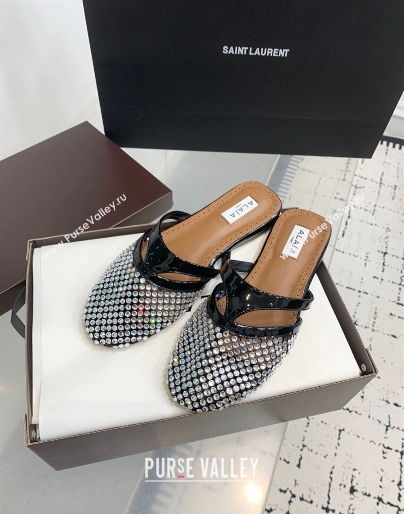 Alaia Intricated Flat Mules in Fishnet and Patent Leather with Strass Black 2025 AL042801 (KER-250428072)