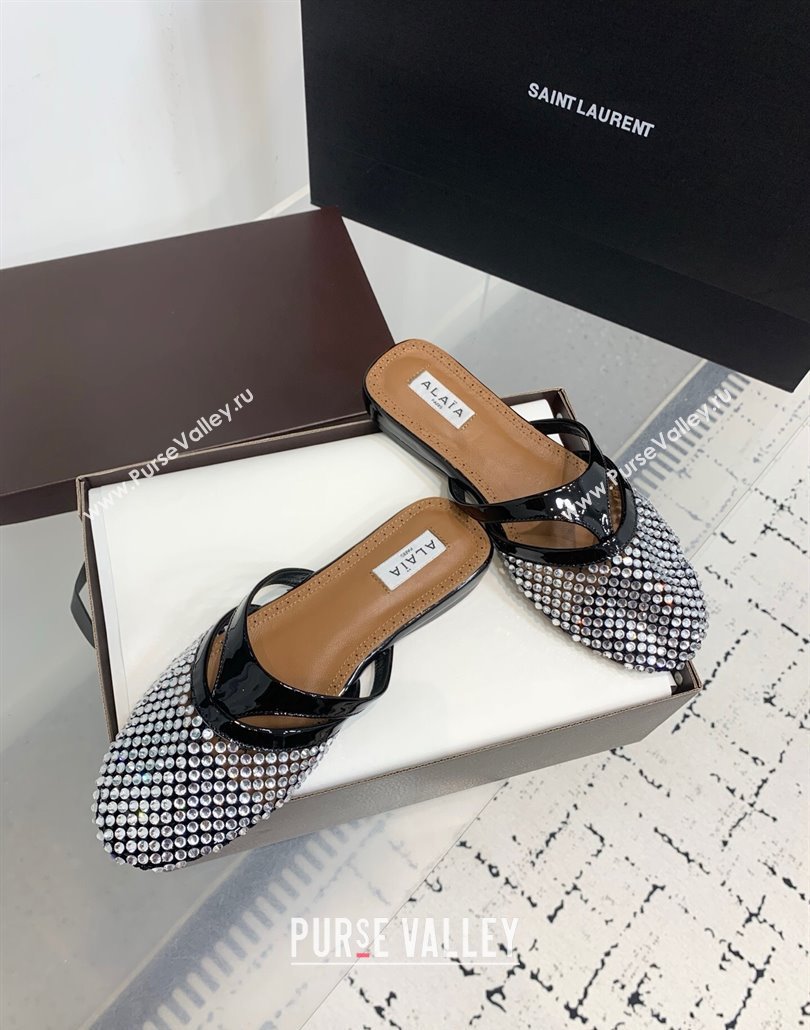 Alaia Intricated Flat Mules in Fishnet and Patent Leather with Strass Black 2025 AL042801 (KER-250428072)