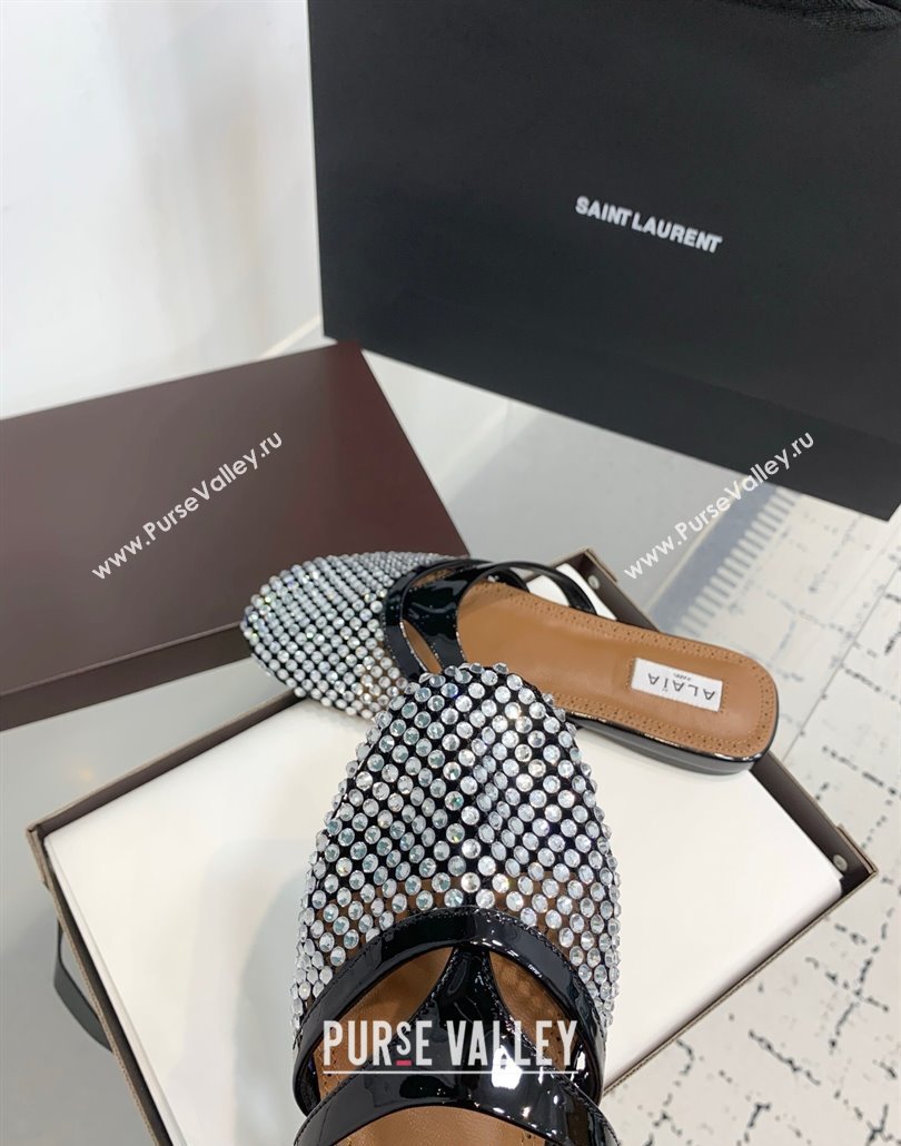 Alaia Intricated Flat Mules in Fishnet and Patent Leather with Strass Black 2025 AL042801 (KER-250428072)
