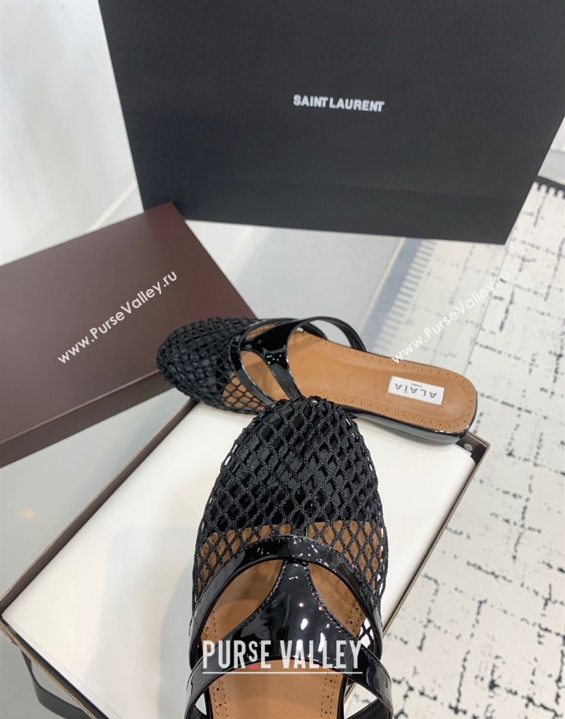 Alaia Intricated Flat Mules in Fishnet and Patent Calf Leather Black 2025 AL042801 (KER-250428067)