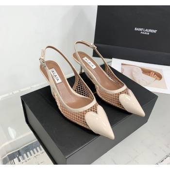 Alaia Le Cœur Heart Slingback Pumps 5.5cm in Fishnet and Patent Leather Pale Nude 2024 0531 (KER-240531066)